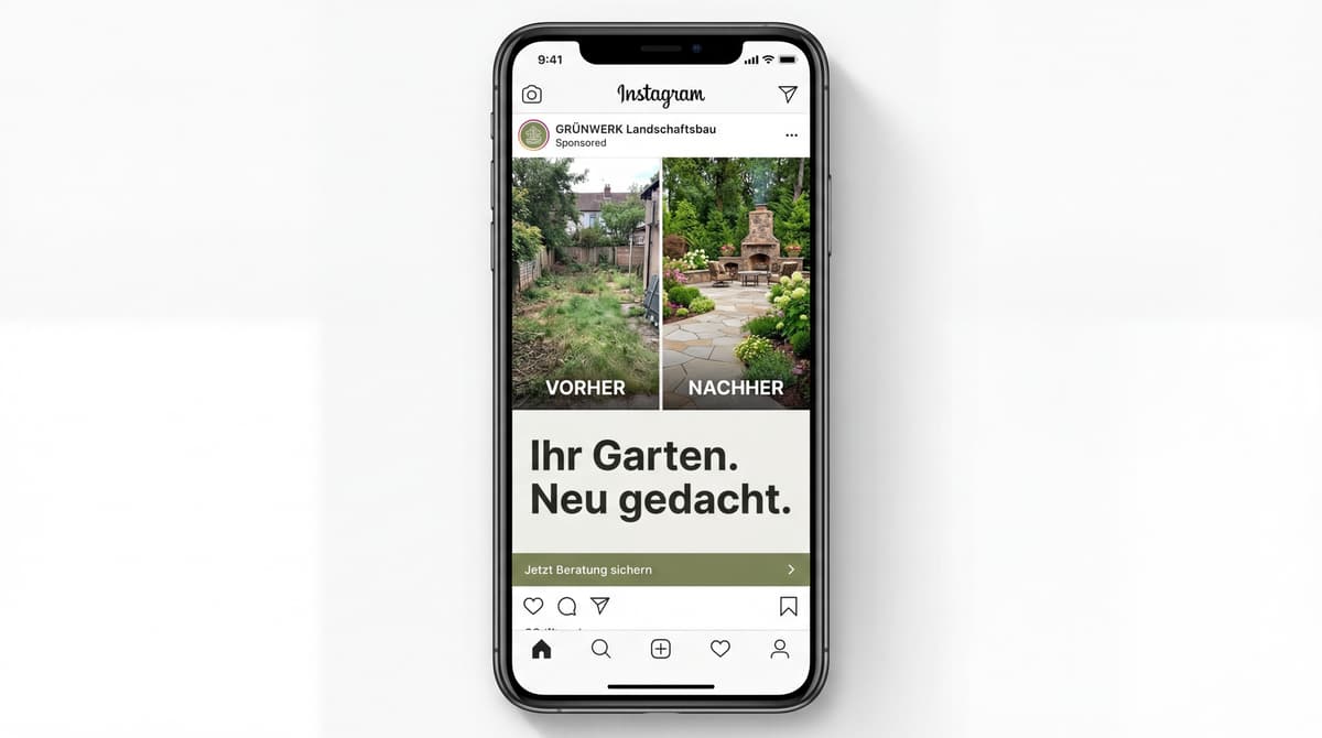 Instagram Ad-Mockup: GRÜNWERK Landschaftsbau — Vorher/Nachher Gartengestaltung